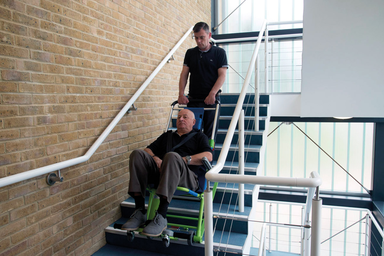 Descending the stairs using Excel chair.
