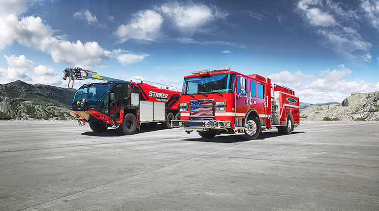 Oshkosh Striker Volterra 6x6 and Pierce Volterra pumper.