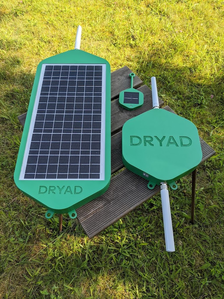 The product family from left to right: Dryad Silvanet solar-powered mesh gateway 67x28cm (without antenna); solar-powered digital nose (9x10cm without antenna, 19x10cm with antenna); mains or solar-powered border gateway (27x25cm plus antenna). (Dryad)