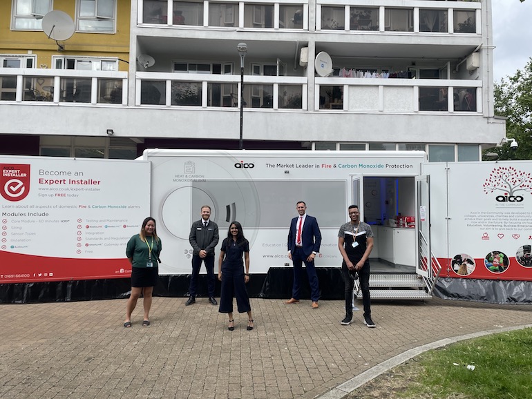 (Left to right): Poplar’s Compliance Co-Ordinator Clarizza Murray, Aico’s Regional Specification Manager for East London Mark Wood, HomeLINK’s Product Owner & UX Lead Amrita Poptani, Aico’s National Sales Manager Daniel Little and Lemar Francis, Repairs Advisor for Poplar HARCA.