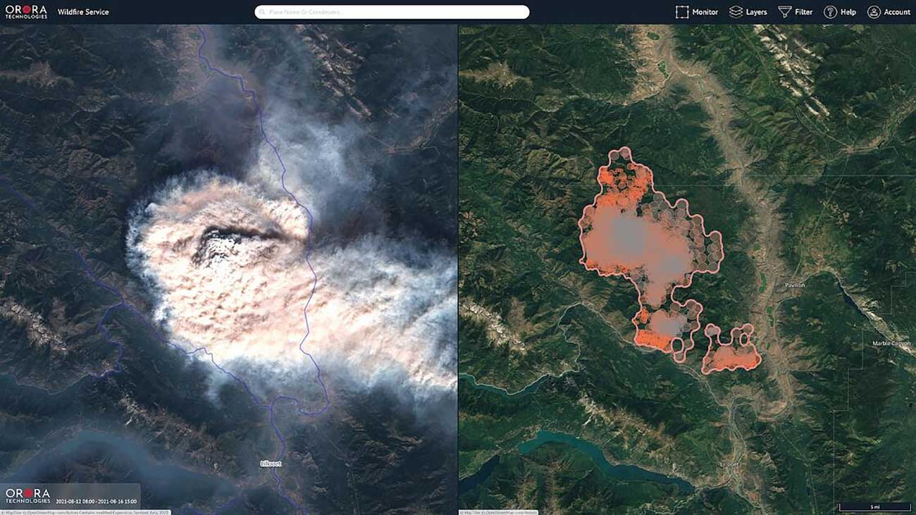Smoke plumes and hotspot clustering in OroraTech's wildfire monitoring service during the 2021 California fires