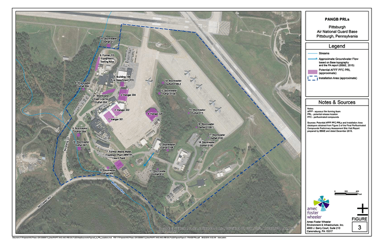 Pittsburgh Air National Guard Base, Pittsburgh, Pennsylvania. The pink areas are potential AFFF contamination sites. (FEC)