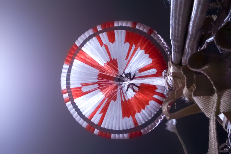 Mars Perseverance landing with Heathcoat parachute. (NASAJPL Caltec)