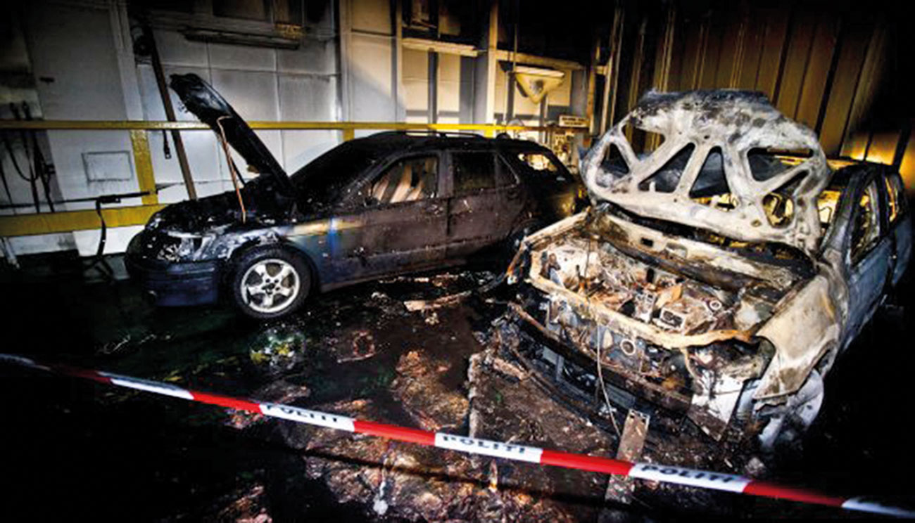 An ICE vehicle converted to electric caused this battery fire while charging on a passenger ferry on its way to Copenhagen. Image courtesy of MsCandy