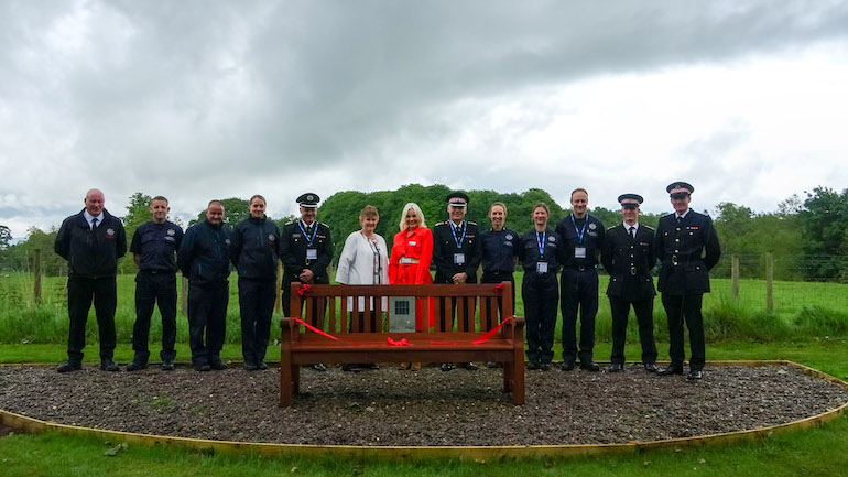 The Fire Fighters Charity’s Chief Executive, Dr Jill Tolfrey, and its Director of Engagement and Fundraising, Ruth Powell (centre L-R), with Lancashire Fire and Rescue Service's Deputy Chief Fire Officer, Steve Healey, Cumbria Fire and Rescue Service Chief Fire Officer, John Beard, and Cumbria Fire and Rescue Service personnel. (The Fire Fighters Charity)