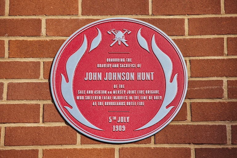 The red plaque in memory of John Johnson Hunt who lost his life in service in 1909 in Sale, Gtr Manchester. (Fire Brigades Union/Mark Waugh)