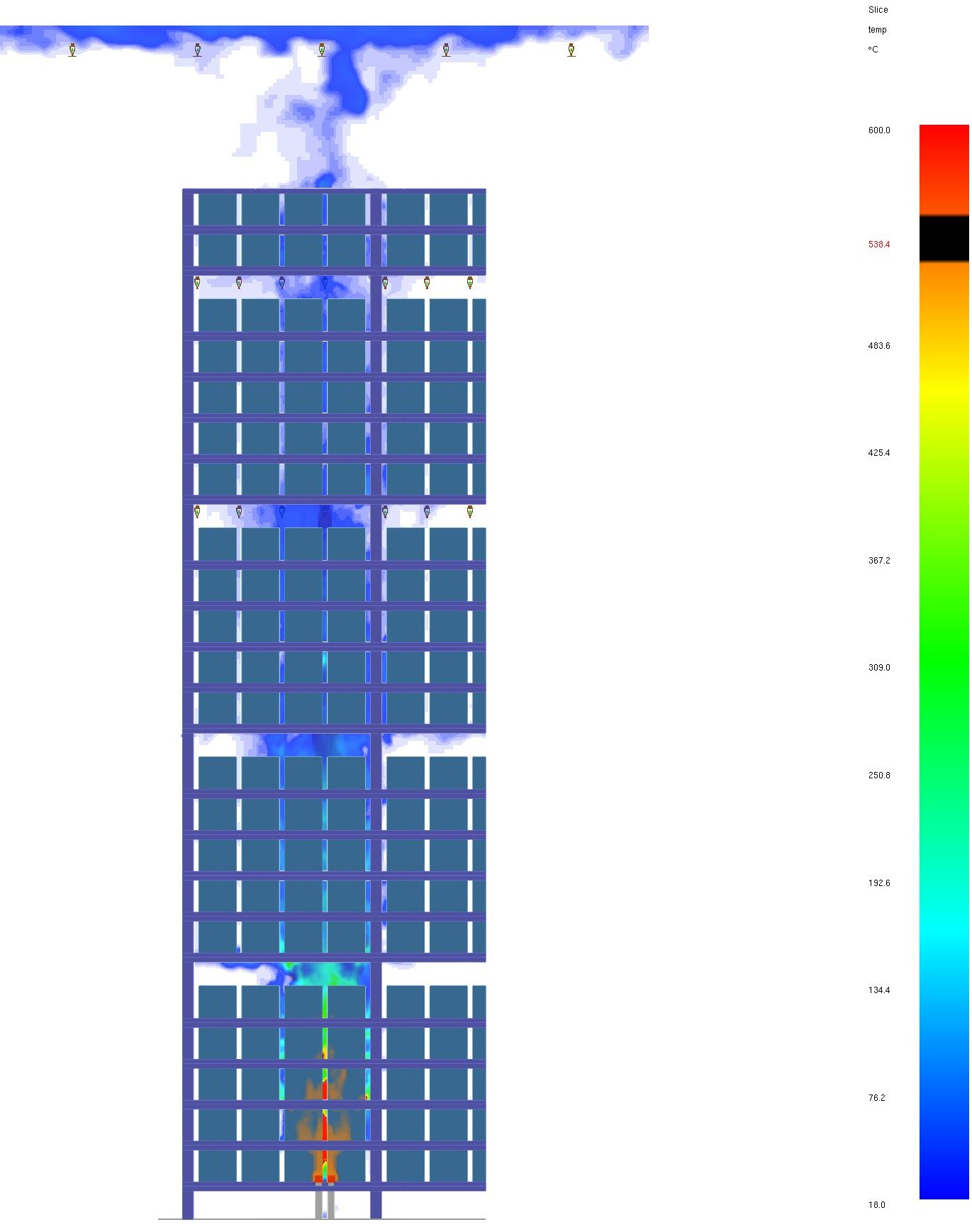 Smoke and fire movement throughout a section of an ASRS rack structure.