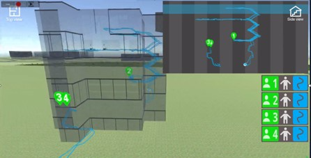 Arwain's digital localisation system presents augmented visibility in 2D or £d form, showing a firefighters horizontal and vertical location in real time, including the room and floor they are in.
